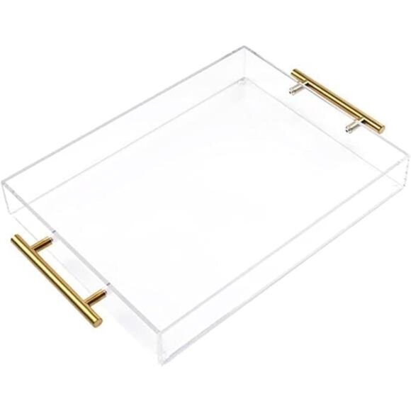 12"x16" Clear Acrylic Serving Tray with Golden Handles, Sturdy Huge Capacity - Picture 1 of 7